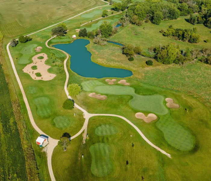 Overhead view of the top nationally ranked Whitewater Wisconsin 9-hole Par 3 golf course greens at Spring Creek Golf Center