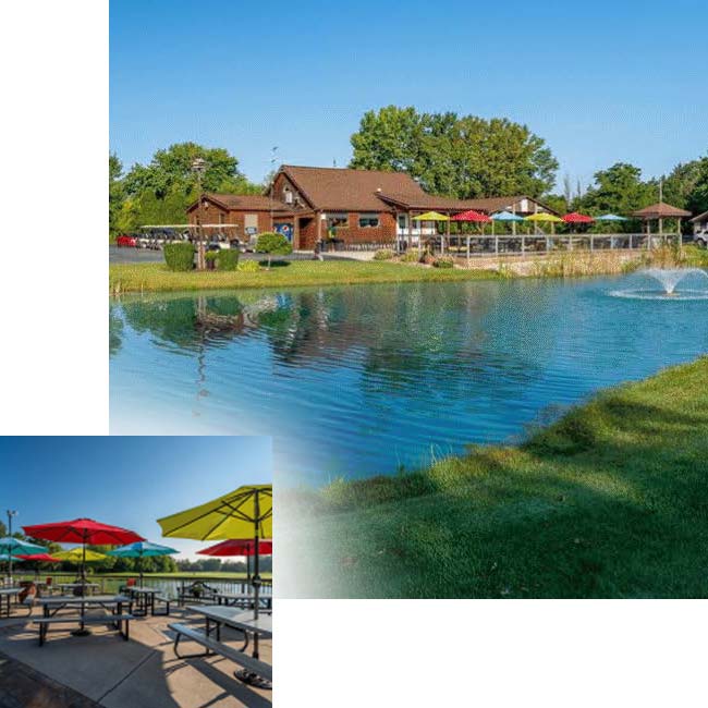 Exterior of clubhouse, pond and patio seating at the top nationally ranked Whitewater Wisconsin 9-hole Par 3 golf course greens at Spring Creek Golf Center