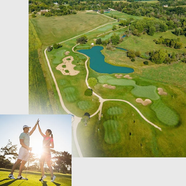 Overhead view of the top nationally ranked Whitewater Wisconsin 9-hole Par 3 golf course greens at Spring Creek Golf Center as golfers high five after being recorded on the hole in one club honor roll