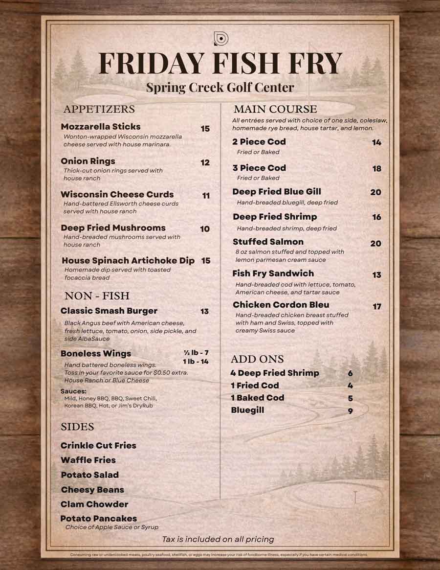 Spring Creek Friday Fish Fry menu May 2026