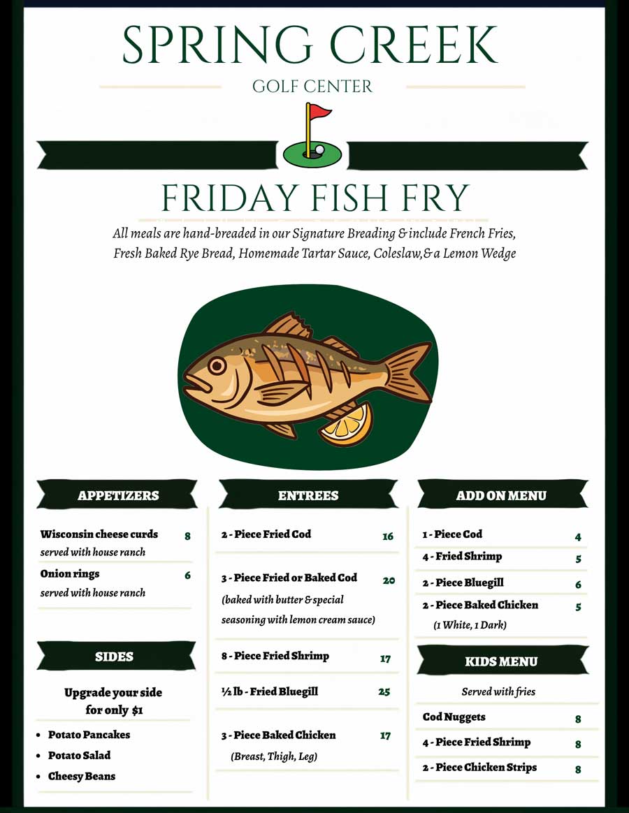 Spring Creek Golf Fish Fry menu